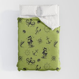 Light Green And Blue Silhouettes Of Vintage Nautical Pattern Duvet Cover