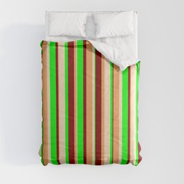 [ Thumbnail: Brown, Bisque, Lime & Maroon Colored Pattern of Stripes Comforter ]