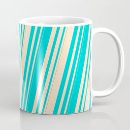 [ Thumbnail: Dark Turquoise and Bisque Colored Striped Pattern Coffee Mug ]