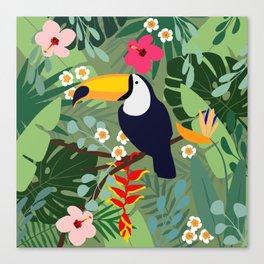 Summer tropical background. Toucan  bird with palm leaves. Canvas Print