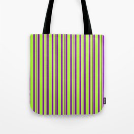 [ Thumbnail: Light Green and Dark Violet Colored Lines/Stripes Pattern Tote Bag ]