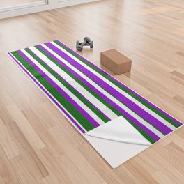 [ Thumbnail: Dark Green, White & Dark Violet Colored Lined Pattern Yoga Towel ]