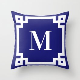 Midnight Blue and White Greek Key Border M Monogram Throw Pillow