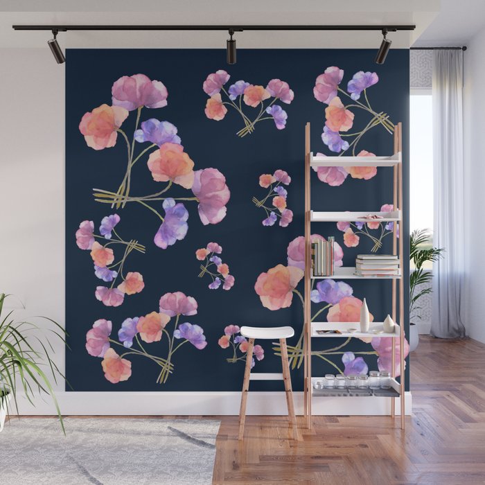 Sweet Poppy Flowers On A Navy Blue Background Wall Mural
