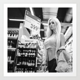Clean up in aisle five blonde female with bare midriff black and white photograph - photographs - photography Art Print