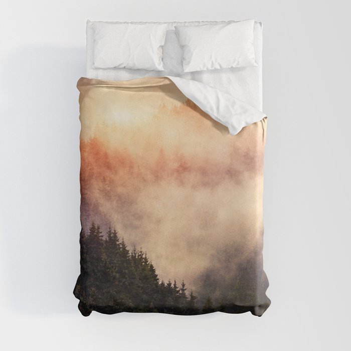 In My Other World //  Sunrise In A Romantic Misty Foggy Fairytale Forest With Trees Covered In Fog Duvet Cover