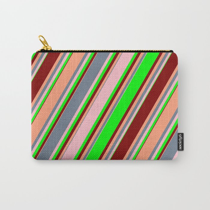 Eye-catching Slate Gray, Pink, Lime, Maroon & Light Salmon Colored Striped Pattern Carry-All Pouch