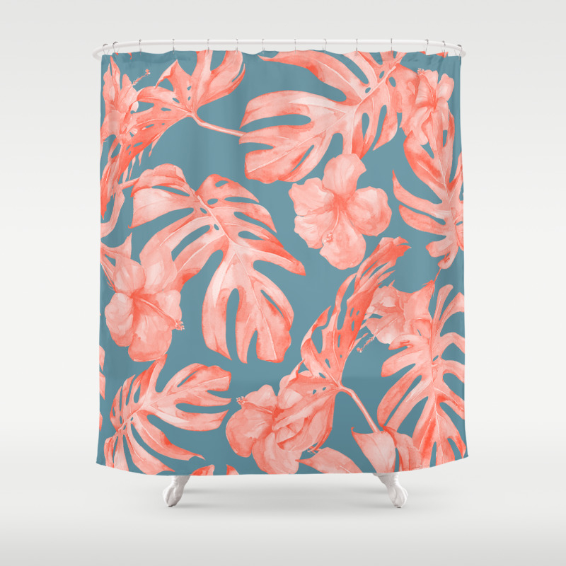 Island Life Coral On Deep Teal Blue Shower Curtain By