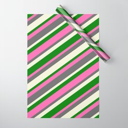 [ Thumbnail: Hot Pink, Dim Gray, Beige, and Green Colored Stripes Pattern Wrapping Paper ]