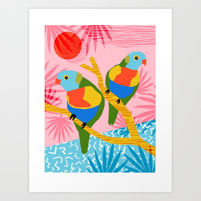 Besties - retro throwback memphis bird art pattern bright neon pop art abstract 1980s 80s style mini Art Print
