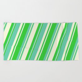 [ Thumbnail: Lime Green, Aquamarine & Beige Colored Stripes/Lines Pattern Beach Towel ]