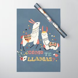Como te Llamas. Funny Spanish Word Humor. Flowers and two Llamas Wrapping Paper | Flower, Cactus, Succulent, Painting, Whimsical, Spanish, Blue, Cacti, Character, Summer 