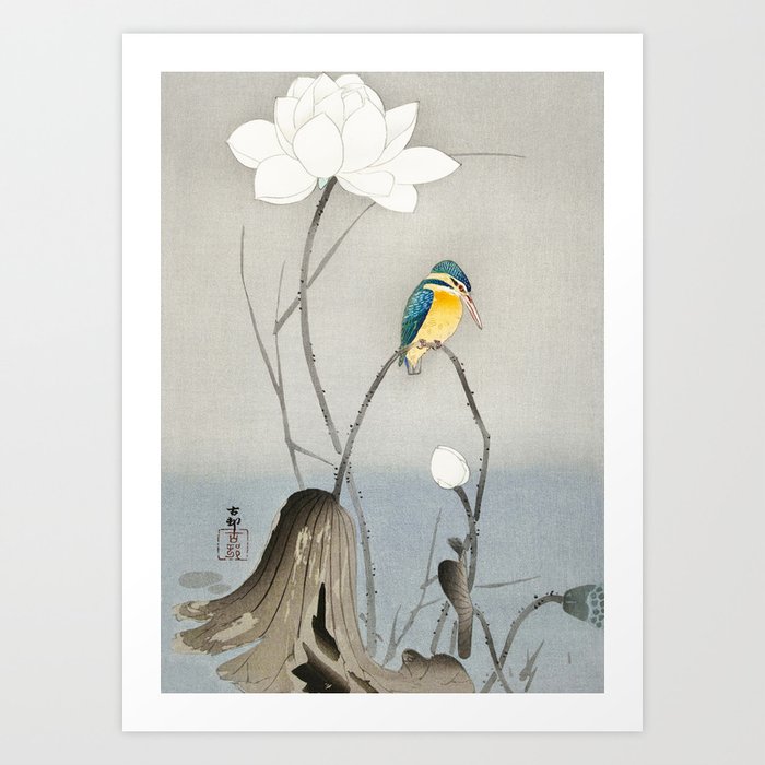 Kingfisher sitting on a lotus flower - Vintage Japanese Woodblock Print Art Art Print