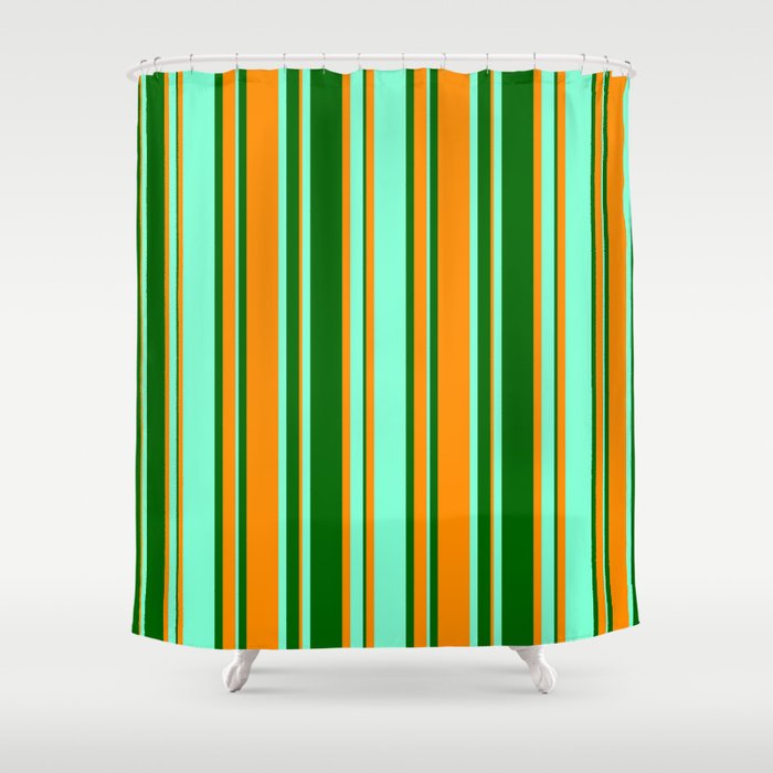 Dark Orange, Dark Green, and Aquamarine Colored Stripes Pattern Shower Curtain