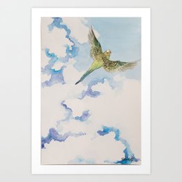 A Parakeet Soars Through The Clouds Art Print