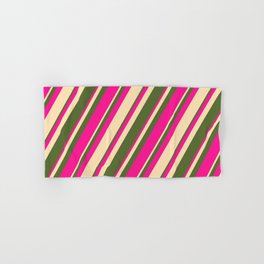 [ Thumbnail: Dark Olive Green, Deep Pink, and Beige Colored Stripes/Lines Pattern Hand & Bath Towel ]