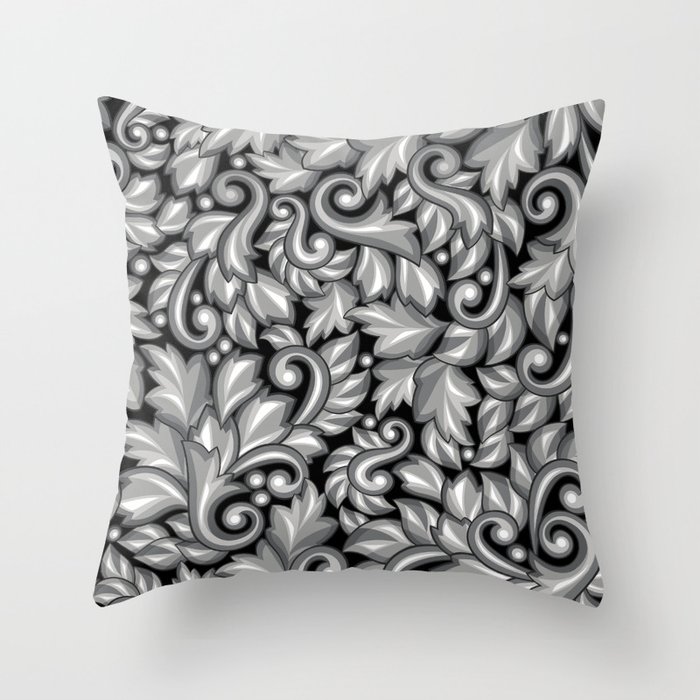 Seamless Pattern with Baroque Ornamental Floral Silver Elements Throw Pillow
