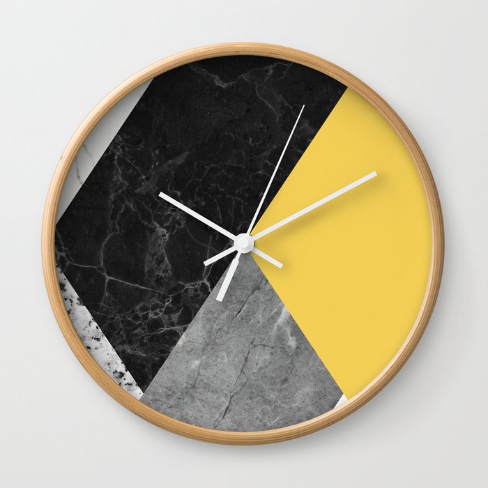 Black And White Marbles And Pantone Primrose Yellow Color Wall Clock By Calacatta Society6