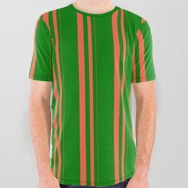 [ Thumbnail: Red & Green Colored Lines Pattern All Over Graphic Tee ]