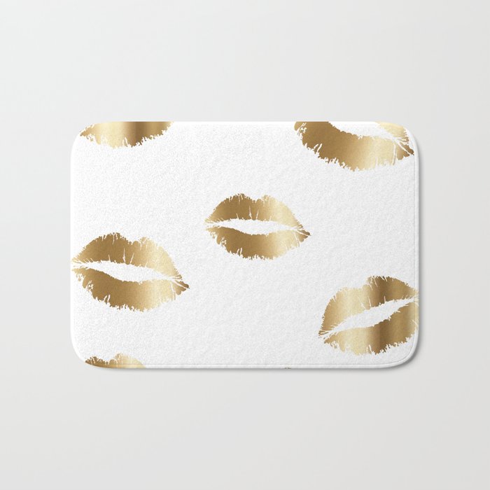 Gold Lips on White Bath Mat