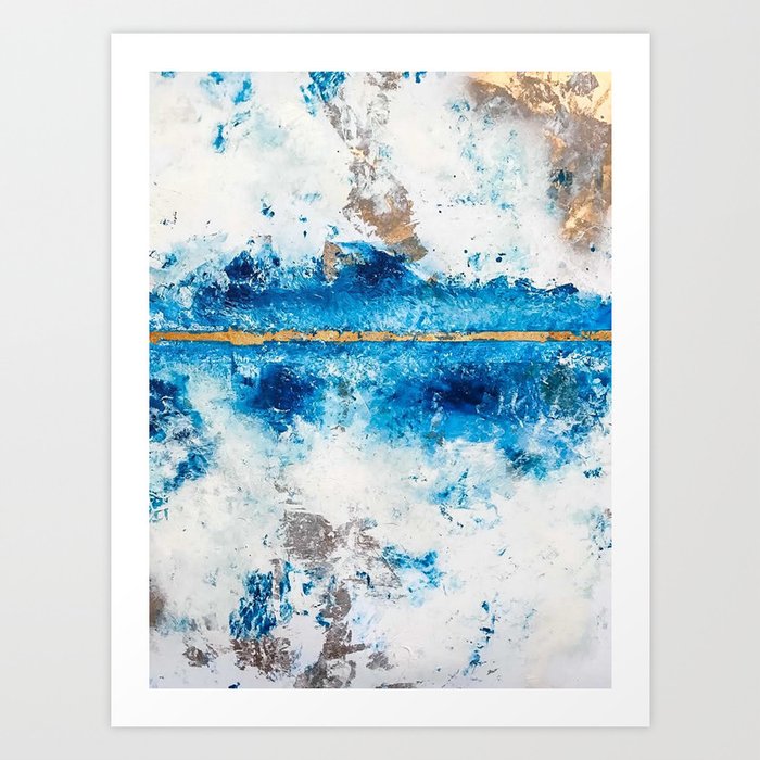 Blue Skies: a pretty, minimal abstract mixed-media piece in blue, white and gold Art Print
