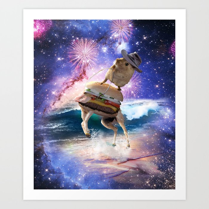 Cowboy Hamster Riding Burger In Beach Space Art Print