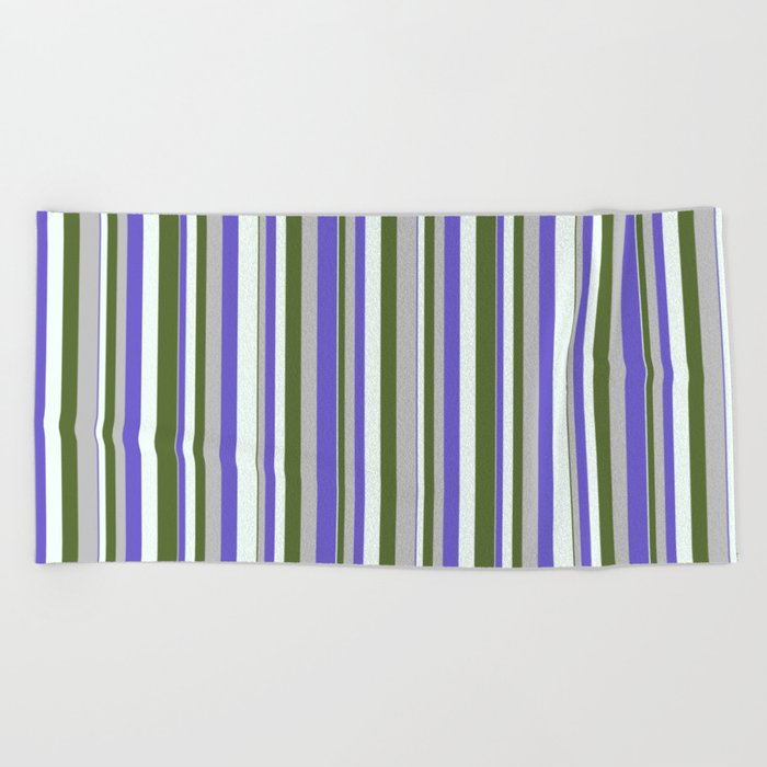 Grey, Slate Blue, Mint Cream & Dark Olive Green Colored Stripes/Lines Pattern Beach Towel
