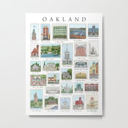 Oakland Landmarks Metal Print | Tribunetower, Historiclandmarks, Portofoakland, Foxtheatre, Lakemerritt, Penandink, Urbancitysketch, Restaurants, Colorful, Churches 