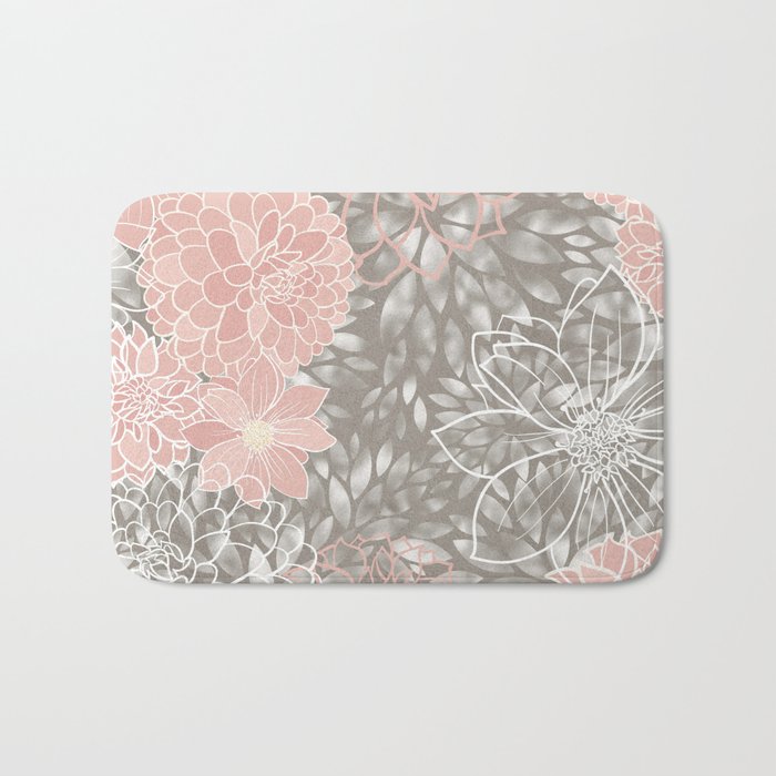 Floral Dahlias, Blush Pink, Gray, White Bath Mat