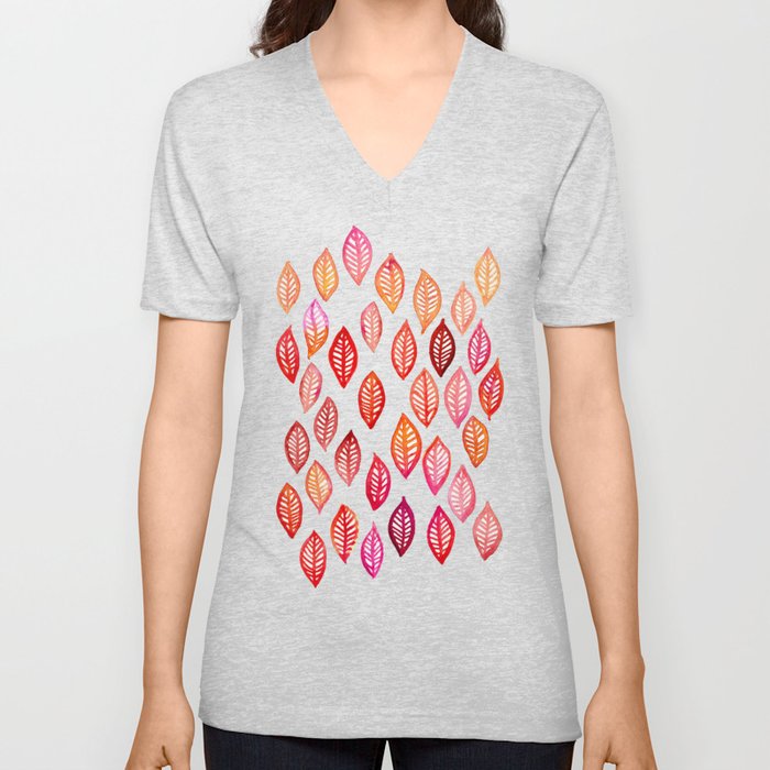 Watercolor Leaf Pattern in Autumn Colors V Neck T Shirt