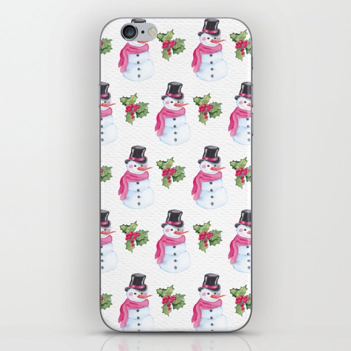 Christmas Pattern Watercolor Pink Snowman Mistletoe iPhone Skin