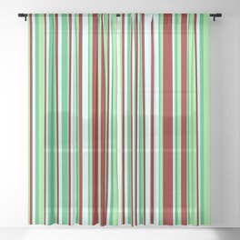 [ Thumbnail: Sea Green, Light Green, Maroon, and Light Cyan Colored Striped Pattern Sheer Curtain ]