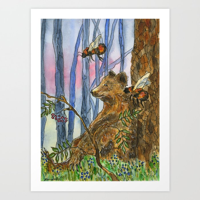 Bear in a Blueberry Forest Art Print