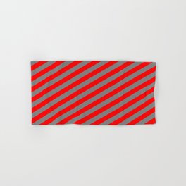 [ Thumbnail: Gray and Red Colored Lined/Striped Pattern Hand & Bath Towel ]