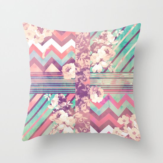 Retro Pink Turquoise Floral Stripe Chevron Pattern Throw Pillow