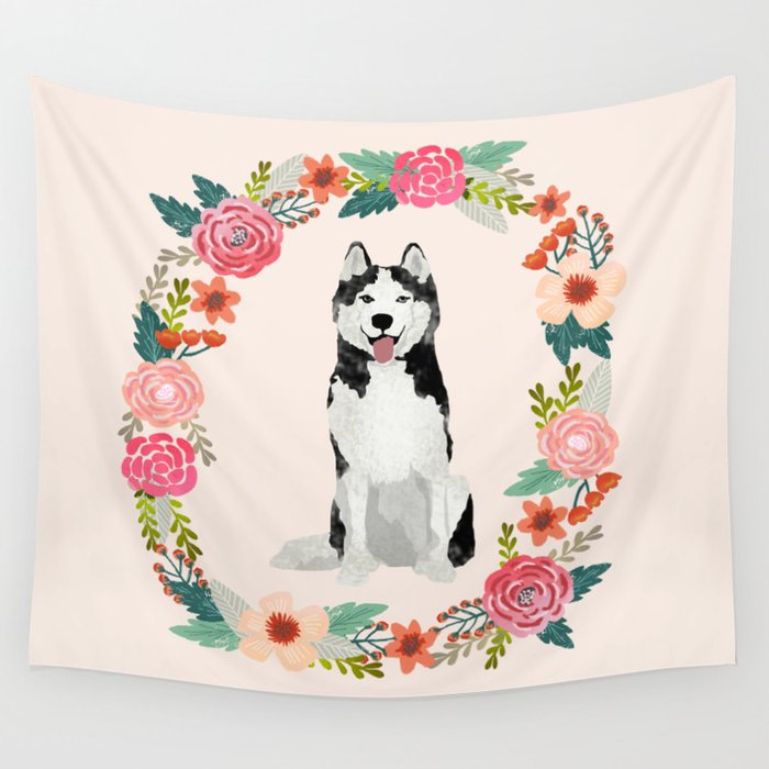 husky floral wreath spring dog breed pet portrait gifts Wall Tapestry