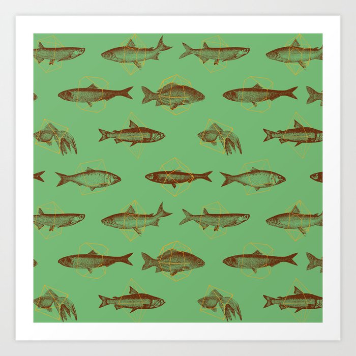 Fishes In Geometrics (Old Green) Art Print