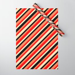 [ Thumbnail: Coral, Red, Beige, and Black Colored Stripes/Lines Pattern Wrapping Paper ]
