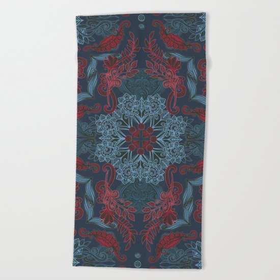 Vintage Fancy - a Pattern in Deep Teal & Red Beach Towel