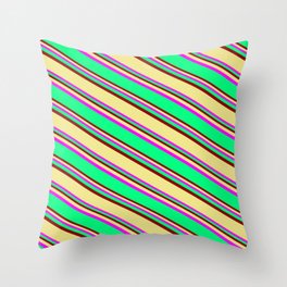 [ Thumbnail: Fuchsia, Green, Dark Red & Tan Colored Lines Pattern Throw Pillow ]