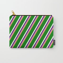 [ Thumbnail: Purple, Light Salmon, Green, White, and Black Colored Striped/Lined Pattern Carry-All Pouch ]