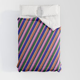 [ Thumbnail: Violet, Chocolate, Blue & Dark Green Colored Striped Pattern Comforter ]
