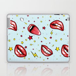 Seamless pattern cartoon comic super speech bubble labels with text, sexy open red lips with teeth, retro pop art illustration, halftone dot vintage effect background Laptop Skin