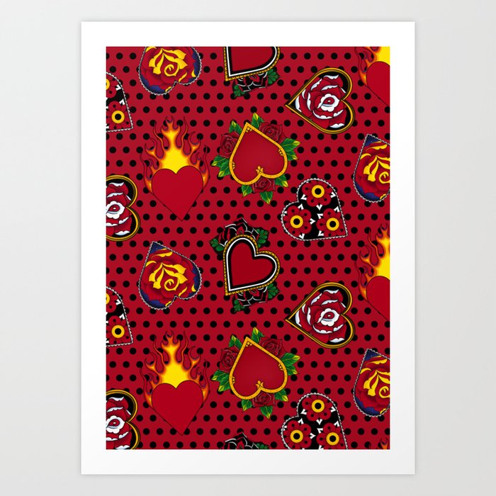 Tattoo Hearts on Red with Black Polka Dots  Art Print