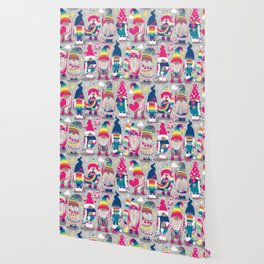 I gnome you // grey background little happy and lovely gnomes with rainbows fuchsia pink hearts Wallpaper