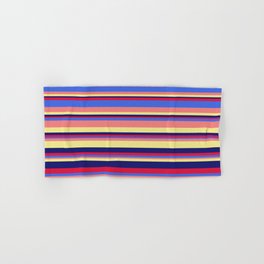 [ Thumbnail: Eye-catching Crimson, Royal Blue, Light Coral, Tan, and Midnight Blue Colored Striped/Lined Pattern Hand & Bath Towel ]