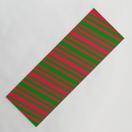 [ Thumbnail: Green and Crimson Colored Lined/Striped Pattern Yoga Mat ]