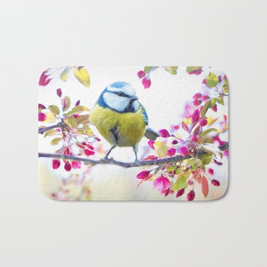 Romantic Flower Blossom with blue tit spring bird Bath Mat
