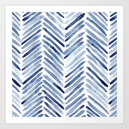 Indigo herringbone - watercolor blue chevron Art Print