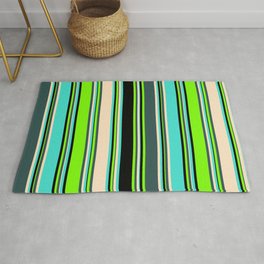 [ Thumbnail: Eyecatching Green, Dark Slate Gray, Bisque, Turquoise, and Black Colored Lined Pattern Rug ]